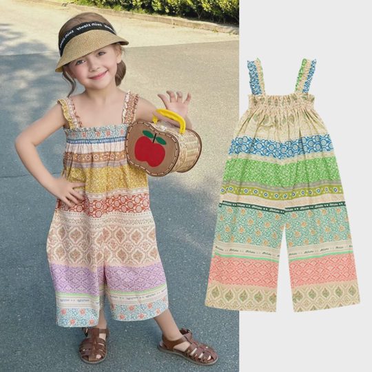 【18M-8Y】Girls Casual Vintage Pattern Print Boho Sling Jumpsuit - 3912