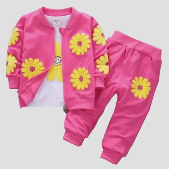 【12M-7Y】3-piece Girls Floral Print T-Shirt And Jacket And Pants Set - 34207