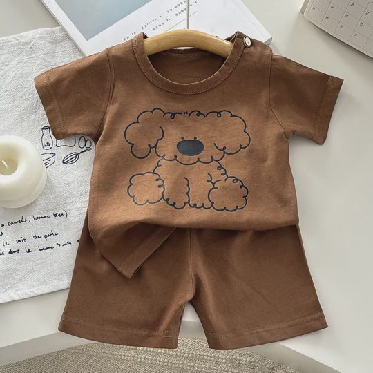 【12M-8Y】2-piece Boys Casual Cotton Cartoon Print Multicolor Short Sleeve T-shirt And Shorts Set