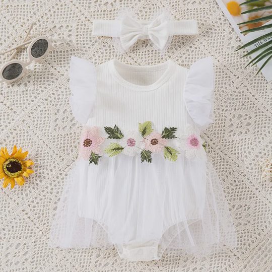 【0M-18M】Girls' Cap Sleeve Romper Dress – Stylish Cute Floral One-Piece