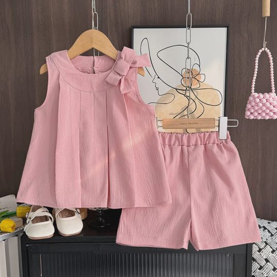 【2Y-7Y】Girls Bow Pleated Sleeveless Top And Shorts 2-Piece Set
