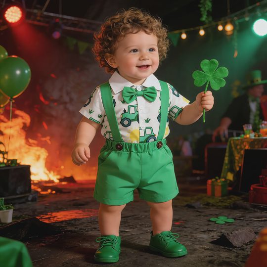 【0M-18M】Boys' St. Patrick's Day Outfit – Bow Tie Shirt & Suspender Shorts Set