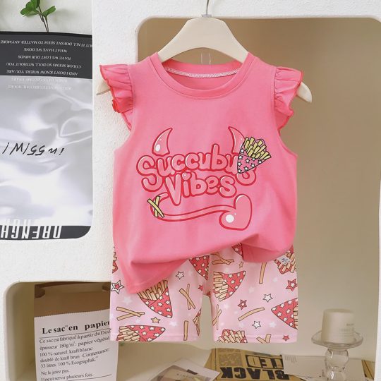 【12M-6Y】Unisex Cartoon Letter Fries Star & Heart Print Flutter Sleeve T-Shirt + Shorts Set