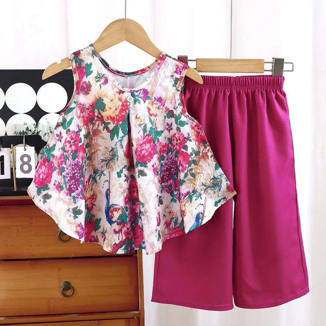 【18M-11Y】2-piece Girls Butterfly Floral Vest And Pants Set