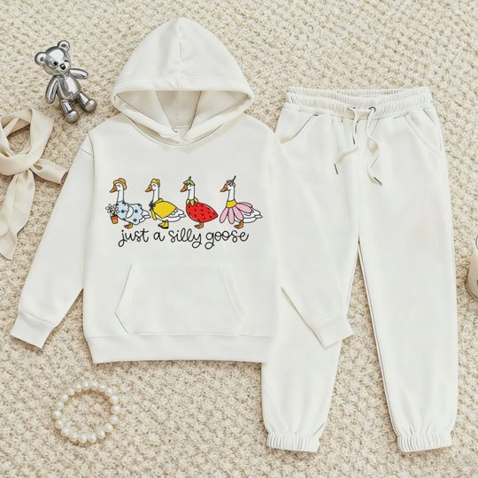 【2Y-13Y】Duck Print Hoodie And Jogger Set For Kids - "Just A Silly Goose" Design