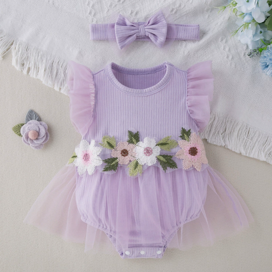 【0M-18M】Girls' Cap Sleeve Romper Dress – Stylish Cute Floral One-Piece