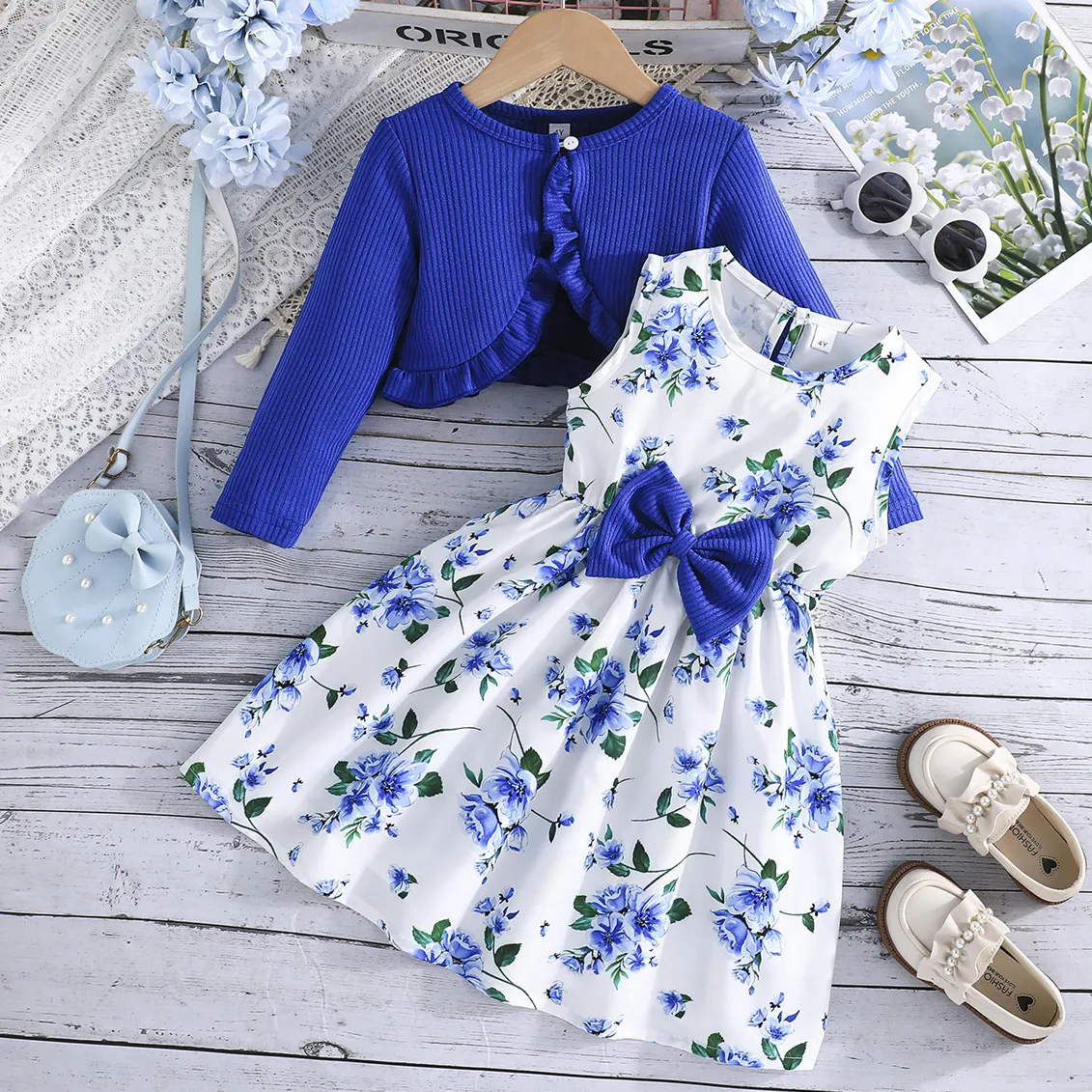 【2Y-8Y】2-piece Girls Elegant Floral Print Bowknot Sleeveless Dress And Ruffled Long Sleeve Top Jacket Set