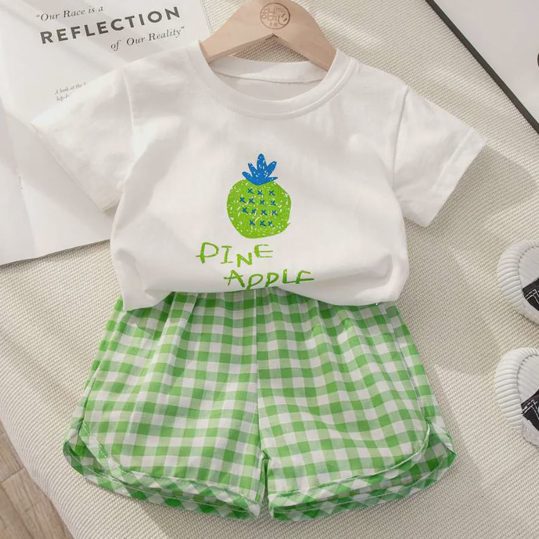 【12M-7Y】2-piece Girls Fruit Print Short-sleeved T-shirt And Plaid Shorts Set - 34358