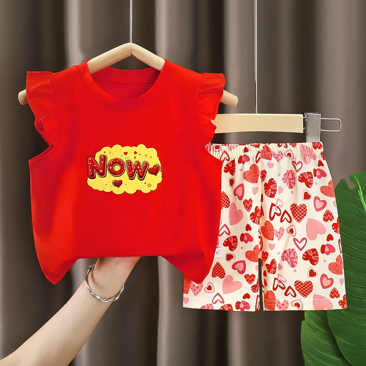 【6M-6Y】Girls' Fun Print Flutter Sleeve Short-Sleeve Top & Shorts Set