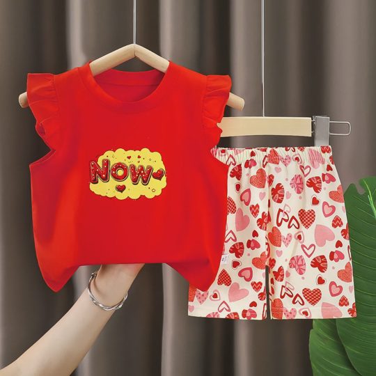 【6M-6Y】Girls' Fun Print Flutter Sleeve Short-Sleeve Top & Shorts Set