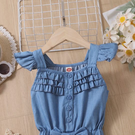 【12M-7Y】Girls Fly Sleeve Bow Denim Jumpsuit