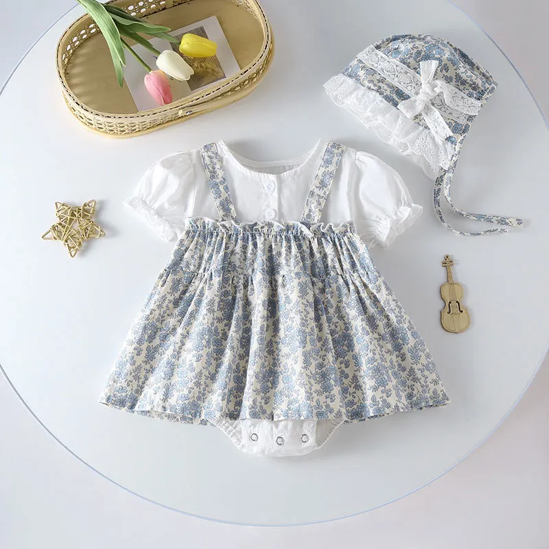 【3M-24M】Girls Floral Suspender Dress And Romper 2-Piece Set