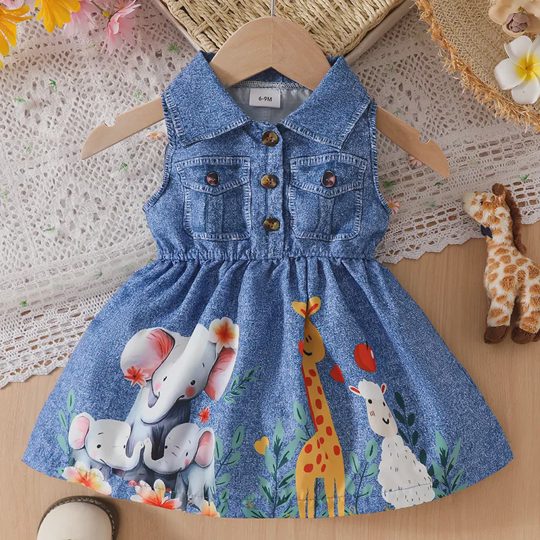 【6M-3Y】Girls Casual Cute Round Neck Flying Sleeve Animal Pattern Print Dress