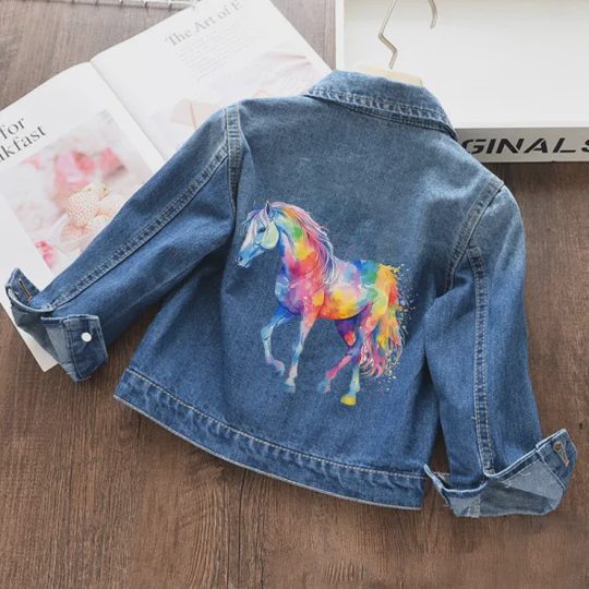 【18M-11Y】Unisex Kids Rainbow Horse Print Denim Jacket