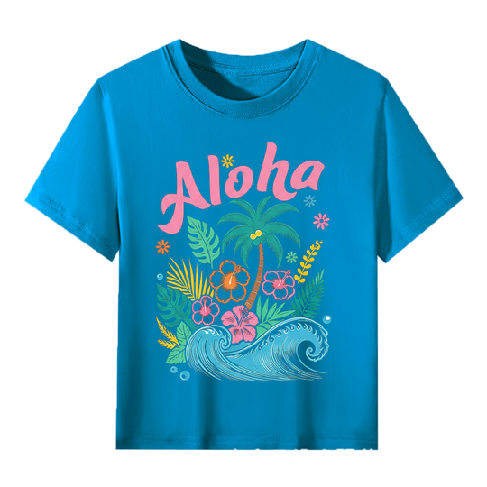 【2Y-13Y】Kids' “Aloha” Fresh Tropical & Hawaiian Style Cartoon Print T-Shirt