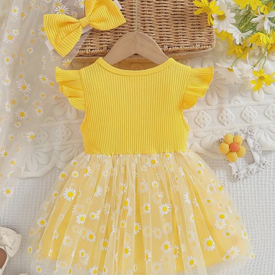 【6M-3Y】Girls' Tulle Dress With Daisy Print & Bow