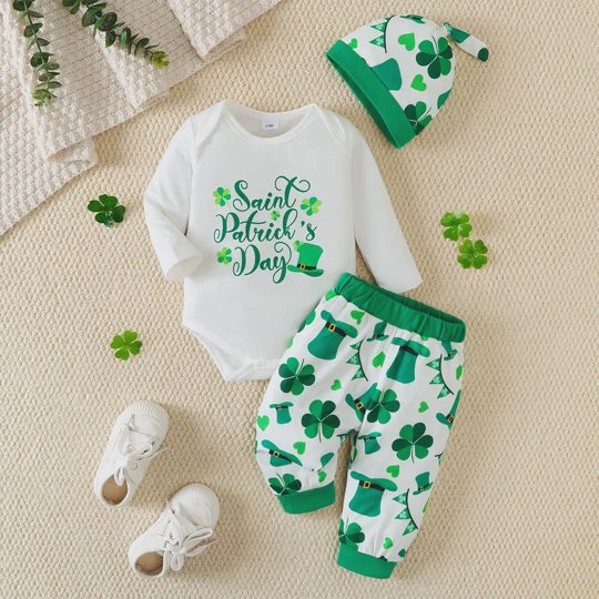 【0M-18M】Unisex St. Patrick's Day Letter Print Cute Top + All-Over Shamrock Print Pants Set