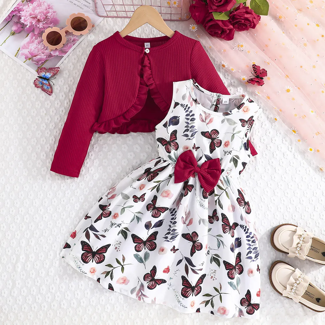 【2Y-8Y】2-piece Girls Elegant Floral Print Bowknot Sleeveless Dress And Ruffled Long Sleeve Top Jacket Set