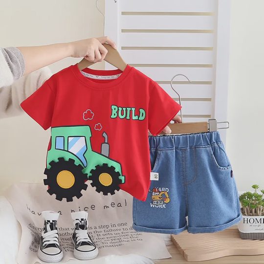 【12M-6Y】Boys' Trendy Cartoon Tractor Short-Sleeve Set