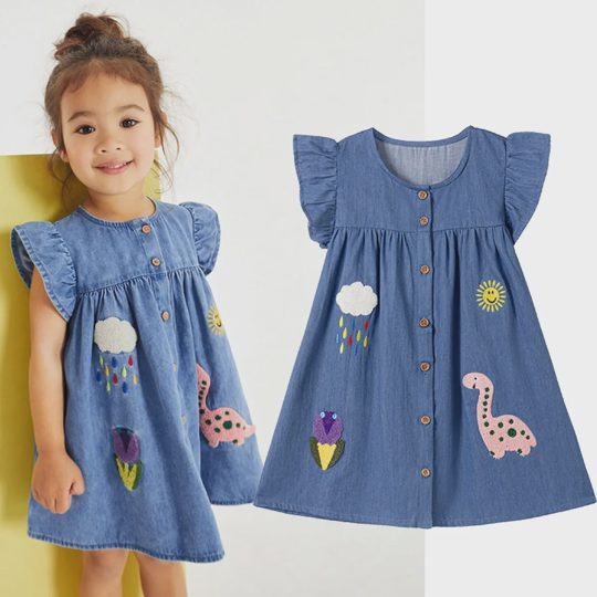 【18M-7Y】Girls' Cartoon Appliqué Fashion Short Sleeve Denim Dress