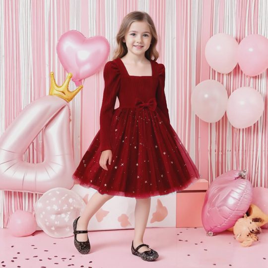 【2Y-7Y】Girls' Long Sleeve Patterned Mesh Patchwork A-Line Princess Dress With Bow Belt