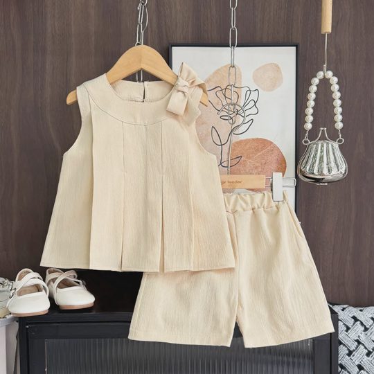 【2Y-7Y】Girls Bow Pleated Sleeveless Top And Shorts 2-Piece Set