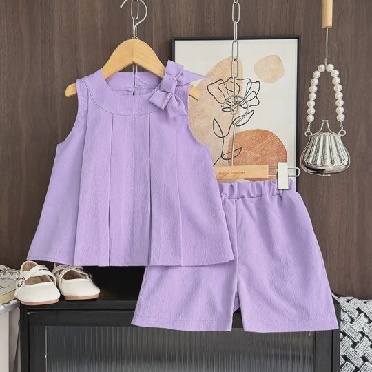 【2Y-7Y】Girls Bow Pleated Sleeveless Top And Shorts 2-Piece Set