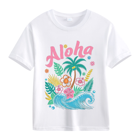 【2Y-13Y】Kids' “Aloha” Fresh Tropical & Hawaiian Style Cartoon Print T-Shirt