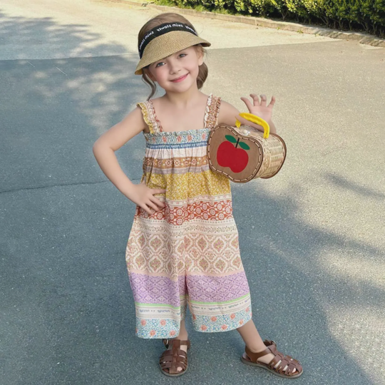 【18M-8Y】Girls Casual Vintage Pattern Print Boho Sling Jumpsuit - 3912