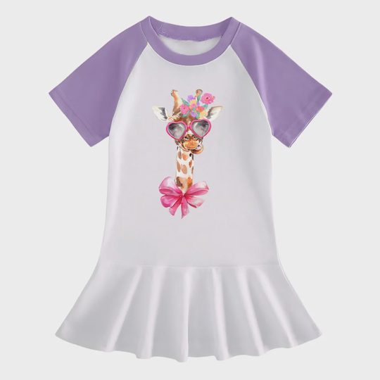 【18M-9Y】Giraffe With Heart Sunglasses Ruffle Dress For Girls