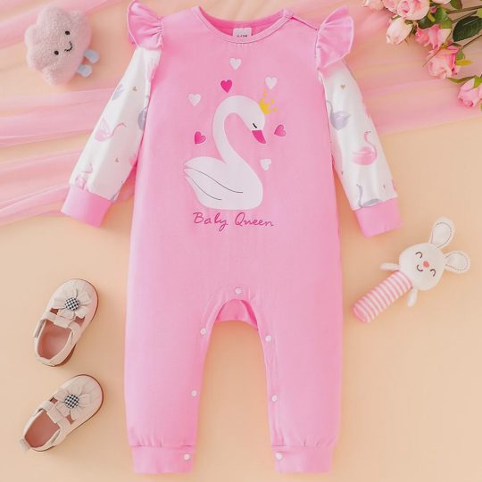 【0M-18M】Girls' Cap Flutter Sleeve Long Sleeve Colorblock Cartoon Swan Romper