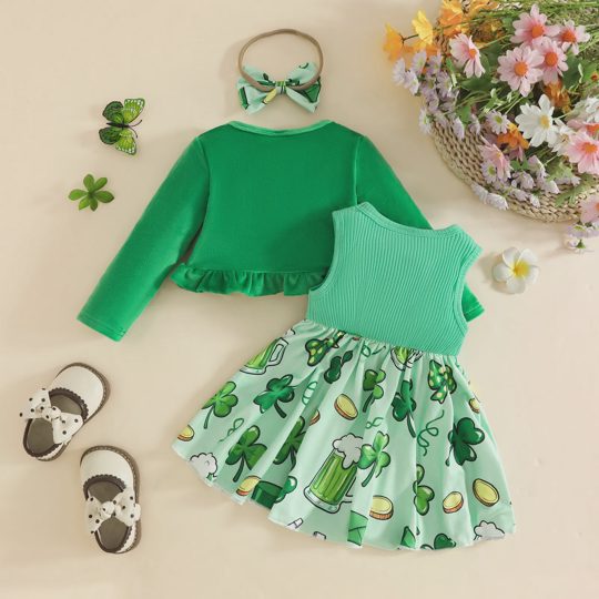 【3M-3Y】Girls' St. Patrick's Day Long-Sleeve Cardigan + Sleeveless Dress Set