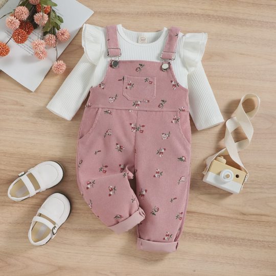 【12M-6Y】Girls Ribbed Long Sleeve Top + Printed Corduroy Suspender Set