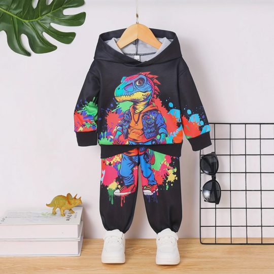 【6M-3Y】Boys Fleece Hooded Cartoon Dinosaur Print Long-Sleeve Top And Pants Set