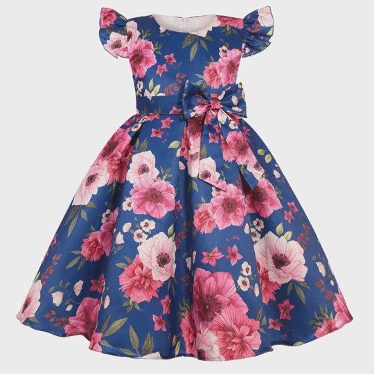 【2Y-10Y】Girls Elegant Flower Print Bow Princess Dress