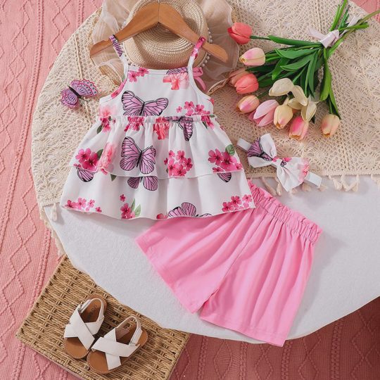 【3M-3Y】3-piece Girls Butterfly And Flower Print Top And Shorts Set (With Hairband)
