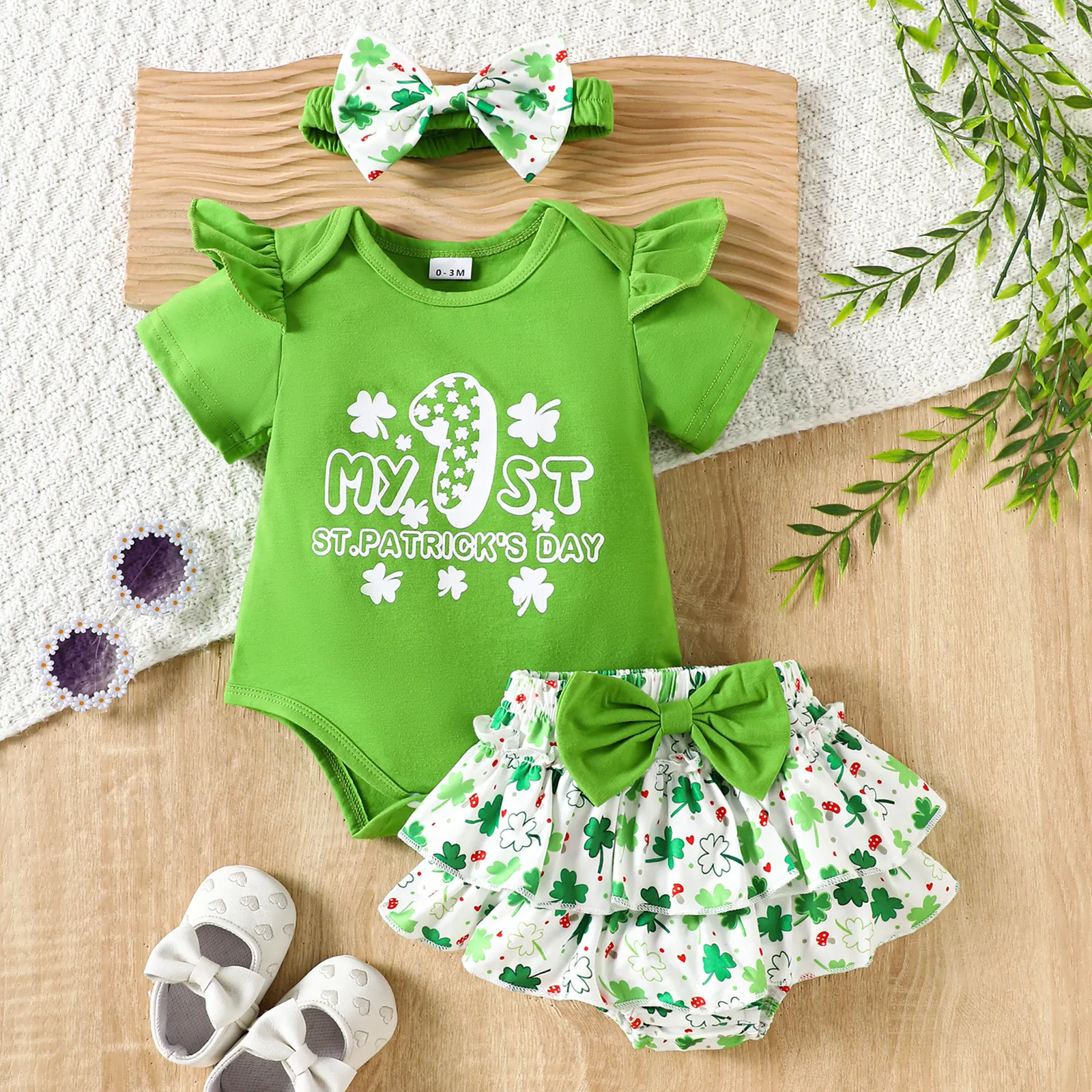 【0M-18M】Girls' Stylish Clover Letter Print Bodysuit Set