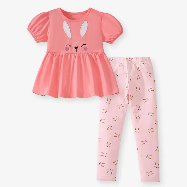 【1Y-7Y】2-piece Girls Cute Bunny Embroidered Orange-Pink T-shirt And Pink Leggings Set