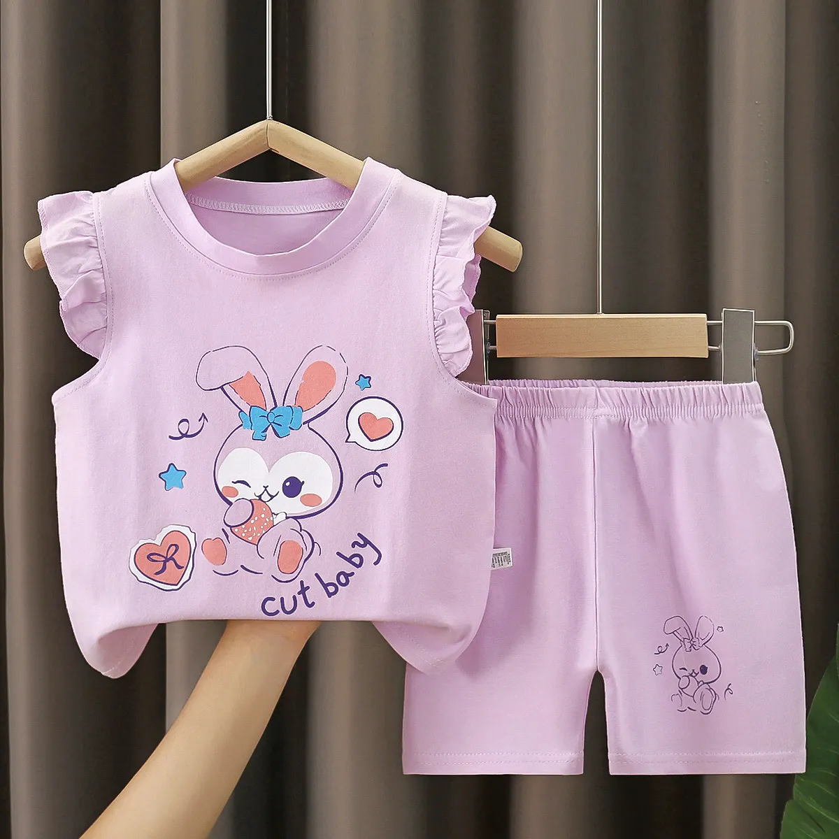 【6M-6Y】Girls' Fun Print Flutter Sleeve Short-Sleeve Top & Shorts Set