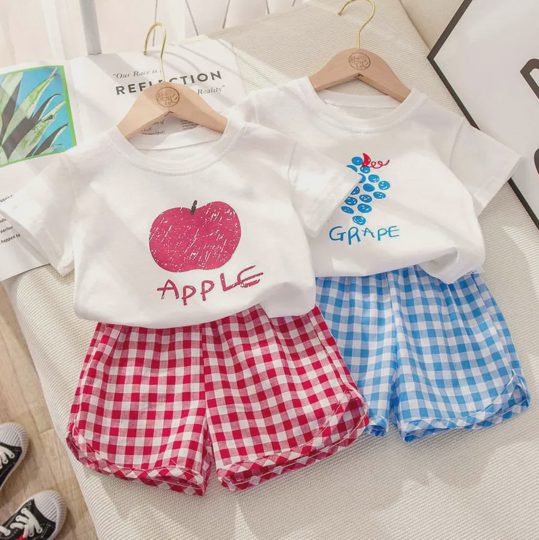 【12M-7Y】2-piece Girls Fruit Print Short-sleeved T-shirt And Plaid Shorts Set - 34358