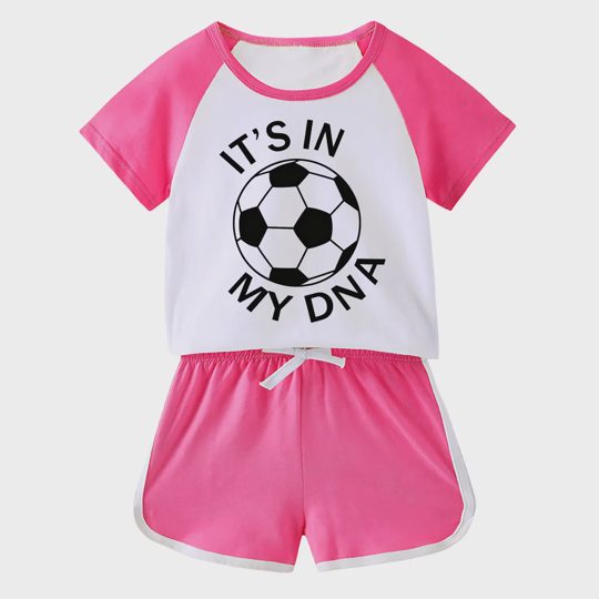 【18M-11Y】Toddler Soccer 'It's In My DNA' 2-Piece Outfit - Sporty Graphic Raglan Top & Shorts Set For Kids