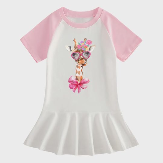 【18M-9Y】Giraffe With Heart Sunglasses Ruffle Dress For Girls