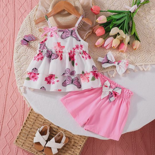 【3M-3Y】3-piece Girls Butterfly And Flower Print Top And Shorts Set (With Hairband)
