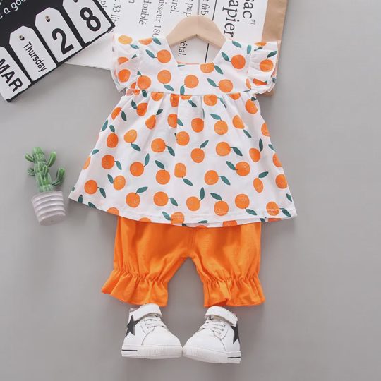 【12M-3Y】Girls' Adorable Orange Cartoon Print Outfit Set