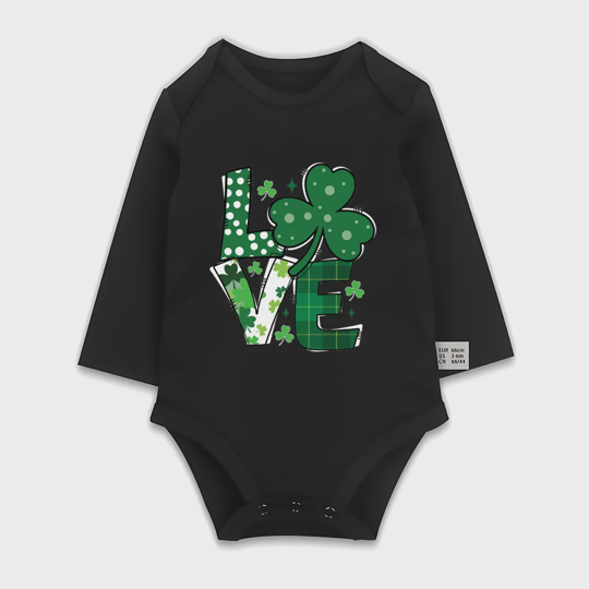 【0M-24M】St. Patrick's Day Love Clover Print Baby Long Sleeve Bodysuit