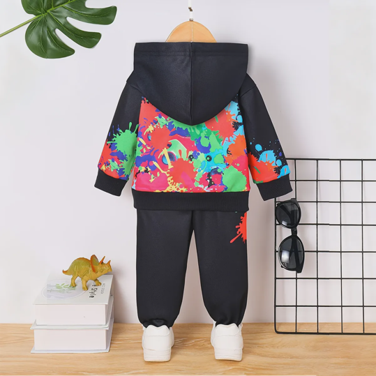 【6M-3Y】Boys Fleece Hooded Cartoon Dinosaur Print Long-Sleeve Top And Pants Set