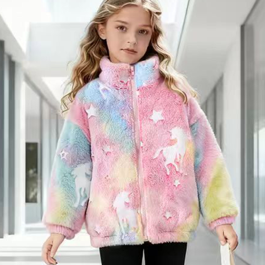 【18M-6Y】Girls Fleece-Lined Unicorn Print Zip-Up Fuzzy Jacket