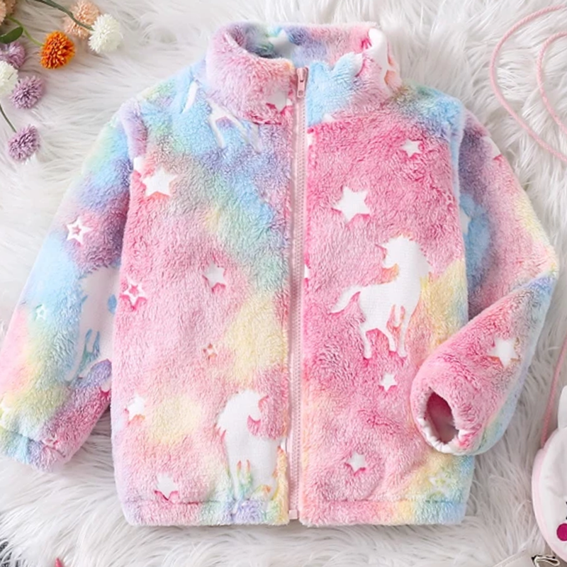 【18M-6Y】Girls Fleece-Lined Unicorn Print Zip-Up Fuzzy Jacket