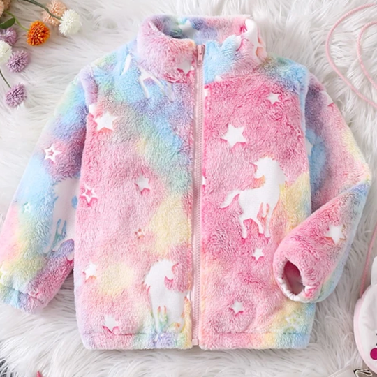 【18M-6Y】Girls Fleece-Lined Unicorn Print Zip-Up Fuzzy Jacket