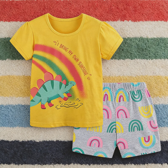 【18M-7Y】Unisex Cartoon Dinosaur Print Crew Neck T-Shirt + Shorts Set